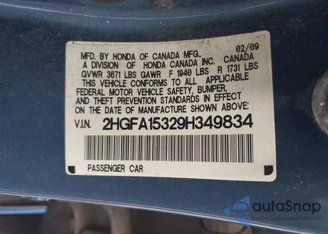 2009 Honda Civic Vp from USA, damaged, VIN 2HGFA15329H349834